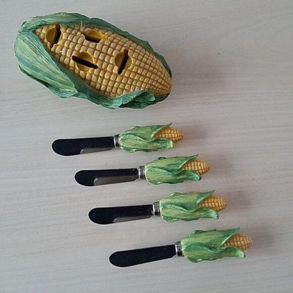 Vintage Corn Cob Butter Knifes and Holder - Picture 2 of 8